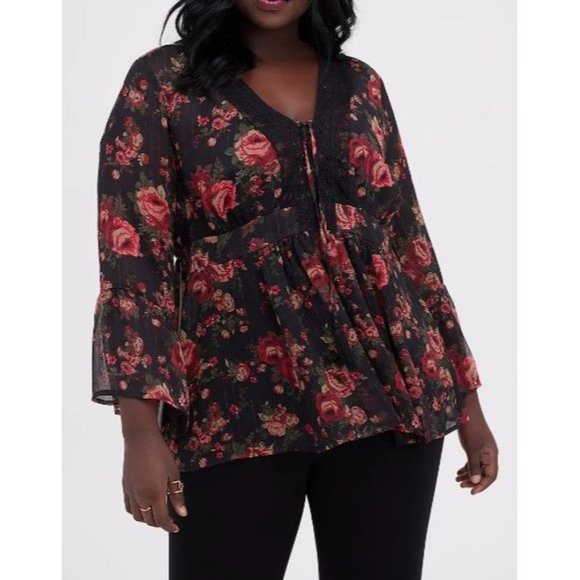 Torrid Top Blouse Black SemiSheer Red Rose Babydoll Chiffon Floral Size 0 L NWT - Picture 1 of 7